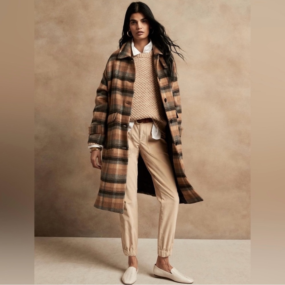 Banana Republic XS Plaid Italian Melton Coat Wool Blend Brown Tan *READ*